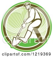 Clipart Of A Retro Gardener Digging With A Shovel In A Circle Of Sunshine Royalty Free Vector Illustration
