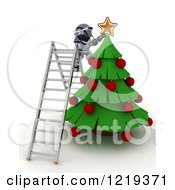 Poster, Art Print Of 3d Robot On A Ladder Putting A Star On A Christmas Tree