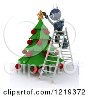 Poster, Art Print Of 3d Blue Android Robot On A Ladder Putting A Star On A Christmas Tree