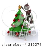 Poster, Art Print Of 3d Red Android Robot On A Ladder Putting A Star On A Christmas Tree