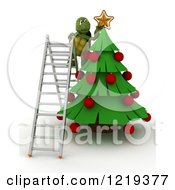 Poster, Art Print Of 3d Tortoise On A Ladder Putting A Star On A Christmas Tree