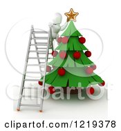 Poster, Art Print Of 3d White Character On A Ladder Putting A Star On A Christmas Tree