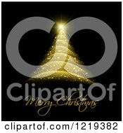 Clipart Of A Merry Christmas Greeting Under A Golden Sparkle Christmas Tree On Black Royalty Free Vector Illustration