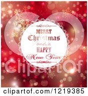 Clipart Of A Merry Christmas And A Happy New Year Greeting Over Red Bokeh And Snowflakes Royalty Free Vector Illustration
