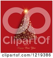 Clipart Of A Merry Christmas And A Happy New Year Greeting With A Snowflake Tree On Red Royalty Free Vector Illustration