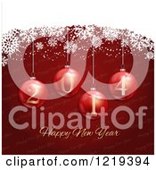 Clipart Of A Happy New Year 2014 Greeting With Snowflakes And Ornaments Over Red With Diagonal Text Royalty Free Vector Illustration