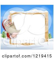 Clipart Of Santa Claus Pointing To A Christmsa Sign In A Winter Landscape Royalty Free Vector Illustration