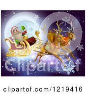 Clipart Of A Magic Christmas Reindeer Flying Santa As He Waves Over A Full Moon Royalty Free Vector Illustration
