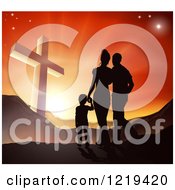 Poster, Art Print Of Silhouetted Christian Family Walking Towards A Cross At Sunset