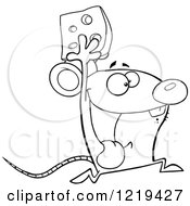 Clipart Of An Outlined Successful Mouse Running With Cheese Royalty Free Vector Illustration