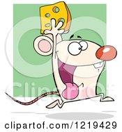 Poster, Art Print Of Happy White Mouse Running With Cheese Over Green