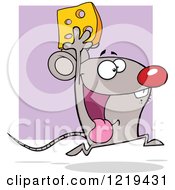 Poster, Art Print Of Happy Mouse Running With Cheese Over Purple