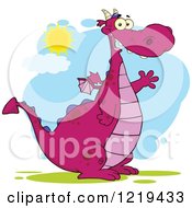 Poster, Art Print Of Friendly Chubby Purple Dragon Waving On A Sunny Day