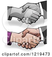 Clipart Of Grayscale And Colored Shaking Hands With Shadows Royalty Free Vector Illustration