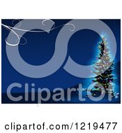 Clipart Of A Blue Christmas Background With Swirls And A Christmas Tree Royalty Free Vector Illustration