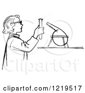 Retro Clipart Of A Black And White Retro Teen Girl Conducting A Science Experiment In A Lab Royalty Free Vector Illustration