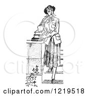 Poster, Art Print Of Black And White Retro Teenage Girl Looking Thoughtful And Standing With Books On Steps
