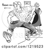 Retro Clipart Of A Black And White Retro Teenage High School Boy Rudely Knocking Down A Girls Books Royalty Free Vector Illustration