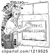 Retro Clipart Of A Black And White Retro Teenage Boy Polishing A High School Sign Royalty Free Vector Illustration