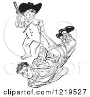 Retro Clipart Of A Black And White Retro Teenage Boy Playing Cowboys With His Girlfriends Little Brother Royalty Free Vector Illustration