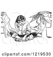 Retro Clipart Of A Black And White Retro Teenage Girl Pouting And Sitting On The Floor By Her Parents Royalty Free Vector Illustration by Picsburg