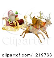Clipart Of Santa Waving And Flying In A Magic Sleigh With Two Reindeer Royalty Free Vector Illustration