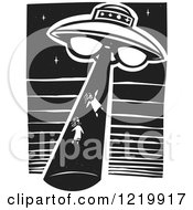 Clipart Of A UFO Abducting Children Woodcut In Black And White Royalty Free Vector Illustration