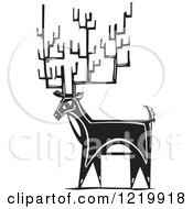 Poster, Art Print Of Deer With Tall Antlers Woodcut In Black And White