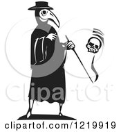 Poster, Art Print Of Bird Headed Plague Doctor With A Skull Woodcut In Black And White