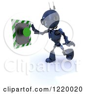 Clipart Of A 3d Blue Android Robot Pushing A Green Button Royalty Free Illustration