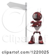 3d Red Android Robot Pondering Under A Street Sign