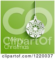 Poster, Art Print Of Merry Christmas Greeting With A Suspended Snowflake Bauble Over Green