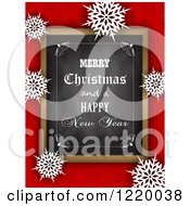 Poster, Art Print Of Merry Christmas And A Happy New Year Greeting Chalk Board Over Red With Snowflakes