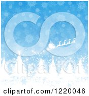 Clipart Of Santas Sleigh Flying Over Evergreen Trees Against Snowflakes On Blue Royalty Free Vector Illustration