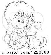 Poster, Art Print Of Outlined Boy And Puppy Playing With A Ball