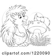 Clipart Of An Outlined Cute Hedgehog With A Mushroom Royalty Free Vector Illustration