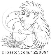 Clipart Of An Outlined Cute Hedgehog Carrying A Mushroom Royalty Free Vector Illustration