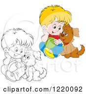 Poster, Art Print Of Colored And Outlined Boy And Puppy Playing With A Ball