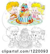 Colored And Outlined Boy And Girl With Tea And A Colorful Cake