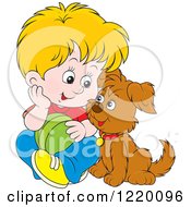 Poster, Art Print Of Blond Boy And Puppy Playing With A Ball