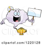 Clipart Of A Happy Magic Genie Mascot Holding A Sign Royalty Free Vector Illustration by Cory Thoman