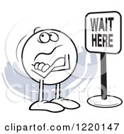 Clipart Of A Moodie Character In Front Of A Wait Here Sign Royalty Free Vector Illustration