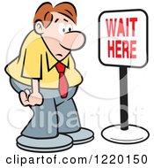 Defeated Businessman In Front Of A Wait Here Sign