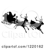 Clipart Of A Black Silhouette Of Santa Waving And Flying In A Magic Sleigh With Two Reindeer Royalty Free Vector Illustration