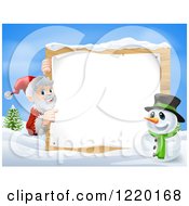 Poster, Art Print Of Snowman And Santa Claus Pointing To A Christmas Sign In A Winter Landscape