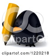 Clipart Of A 3d Chubby Black Bird Mascot Writing With A Pencil 2 Royalty Free Illustration