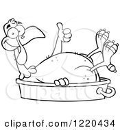 Clipart Of An Outlined Featherless Thanksgiving Turkey Bird Holding A Thumb Up In A Pan Royalty Free Vector Illustration