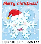 Poster, Art Print Of Merry Christmas Greeting Over A Snowflake Mascot Wearing A Santa Hat Over Blue