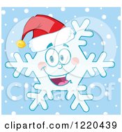 Poster, Art Print Of Happy Christmas Snowflake Mascot Wearing A Santa Hat Over Blue