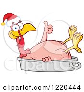 Clipart Of A Featherless Turkey Bird Holding A Thumb Up In A Pan And Wearing A Santa Hat Royalty Free Vector Illustration